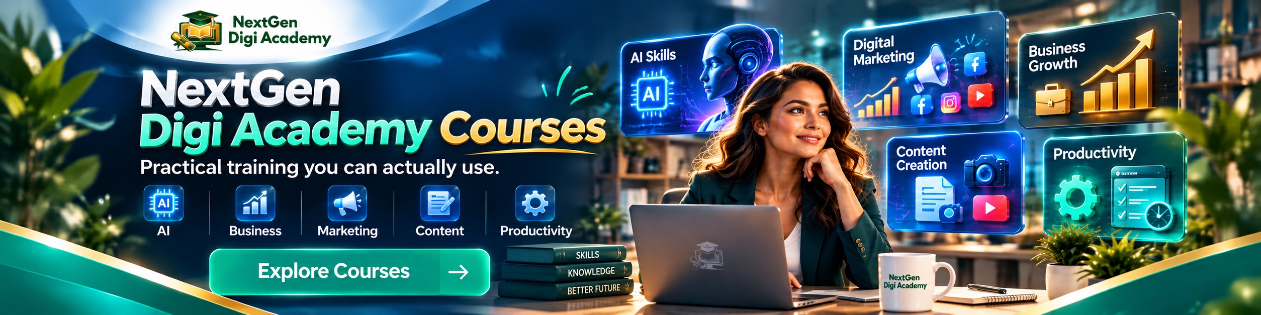 NextGen Digi Academy courses — practical training in AI, business, marketing, content, and productivity.