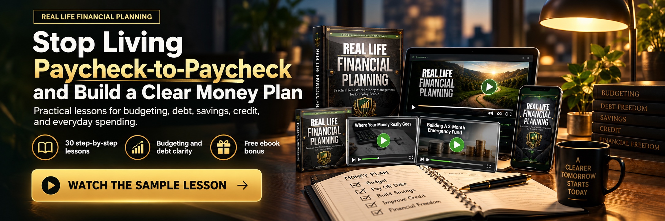Real Life Financial Planning — practical lessons for budgeting, debt, savings, credit, and everyday spending. Watch the sample lesson.